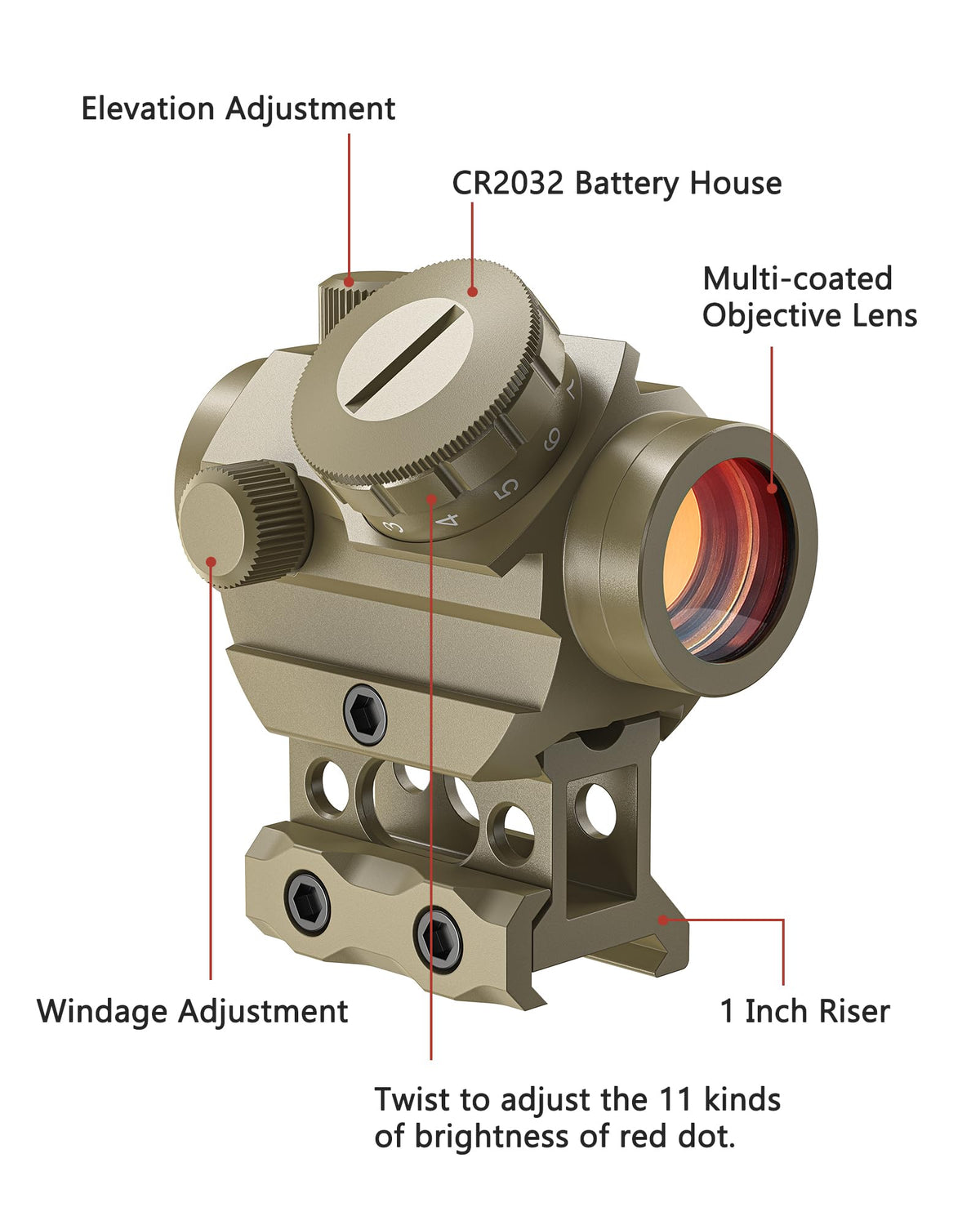 MidTen 2MOA Red Dot Sight 1x25mm Reflex Sight Waterproof & Shockproof & Fog-Proof Red Dot Scope with 1 inch Riser Mount