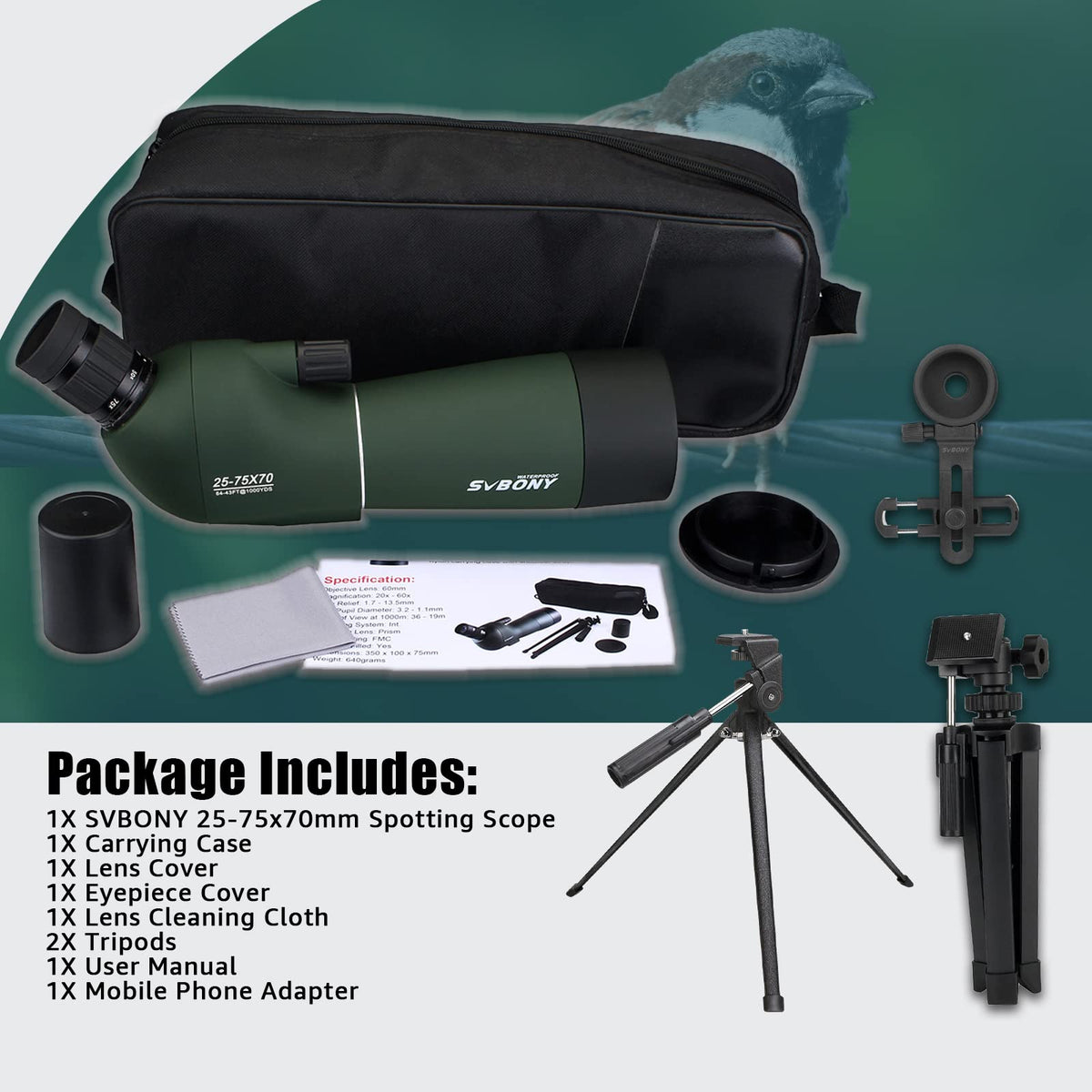 SVBONY SV28 Spotting Scope, Angled 25-75x70 with Tripod for Target Shooting