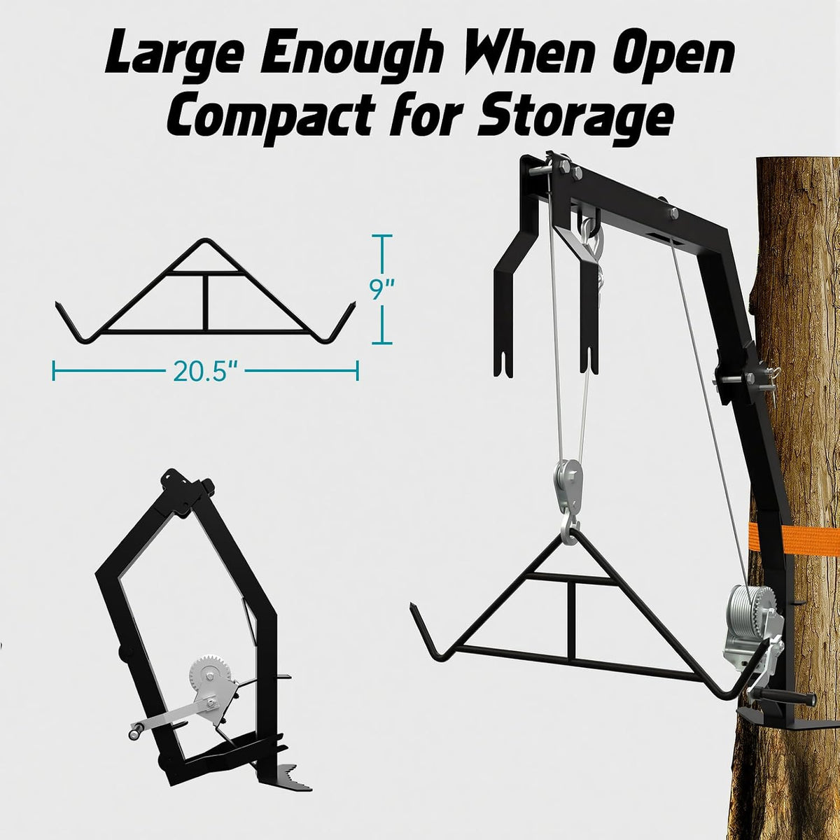 Tree Mounted Deer Hoist with Gambrel - 500lbs Game Hoist with Winch, Ratchet Strap, 23ft Cable, Portable Detachable Hunting Kit for Heavy Duty Deer Hanger for Skinning, Field Dressing