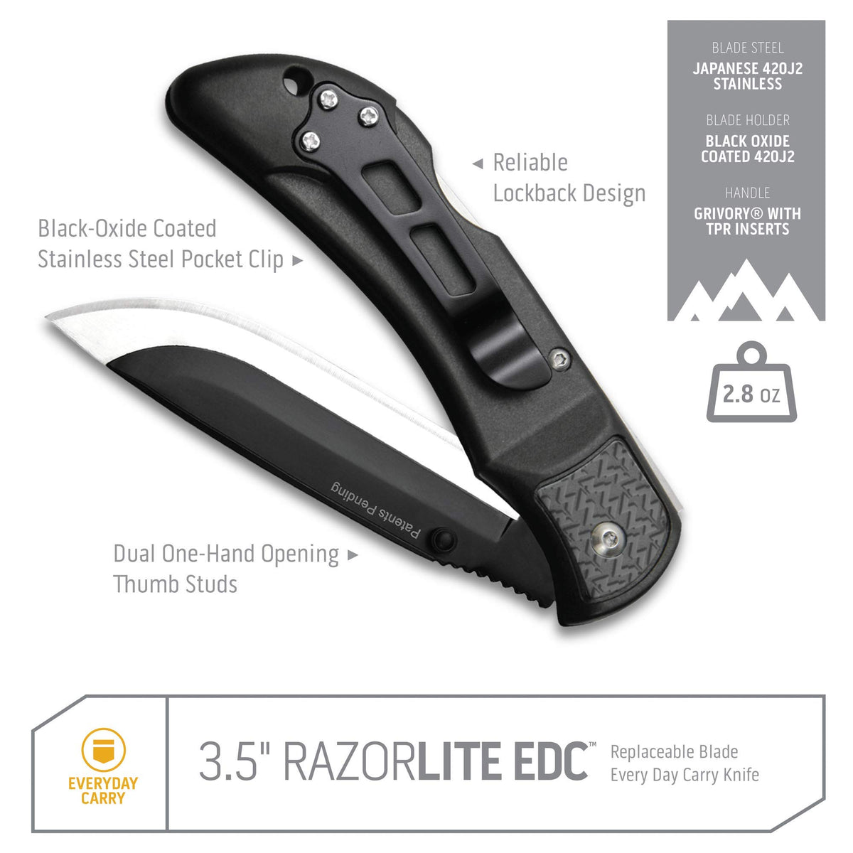OUTDOOR EDGE 3.5" RazorLite EDC Pocket Knife (Obsidian Black), with Replaceable Blades and Clip, Perfect Carry Knive for Camping, Hunting and Survival, Includes 12 Black Steel Drop Point Blades