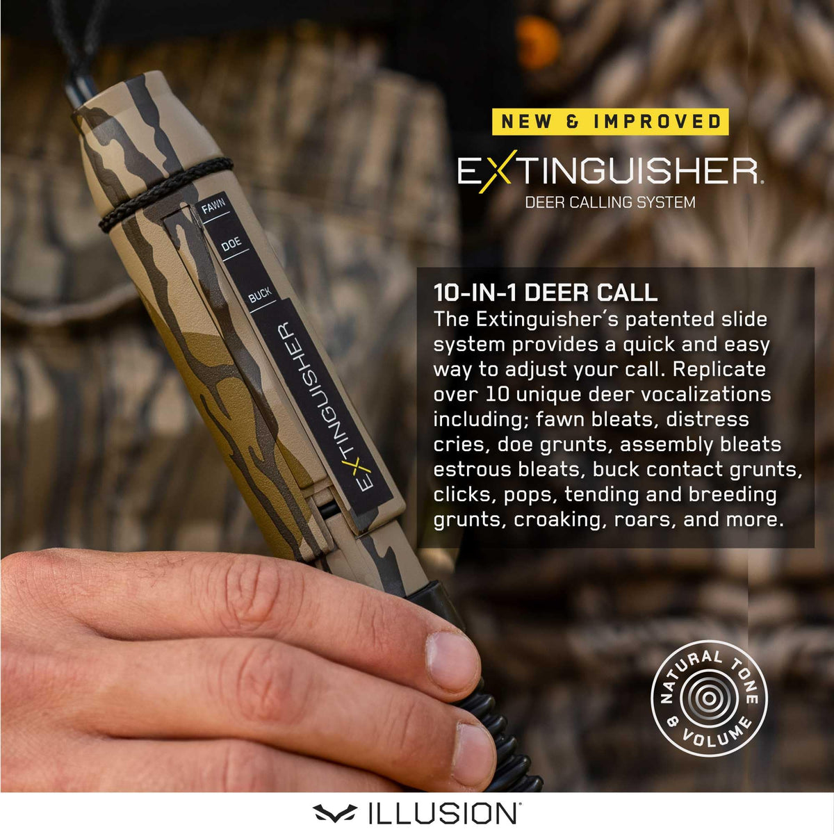 Extinguisher Deer Call by Illusion | Grunt Tube | Buck, Doe, Fawn | Adjustable 10-in-1 Call | Color (CAMO/Black) | Freeze Resistant