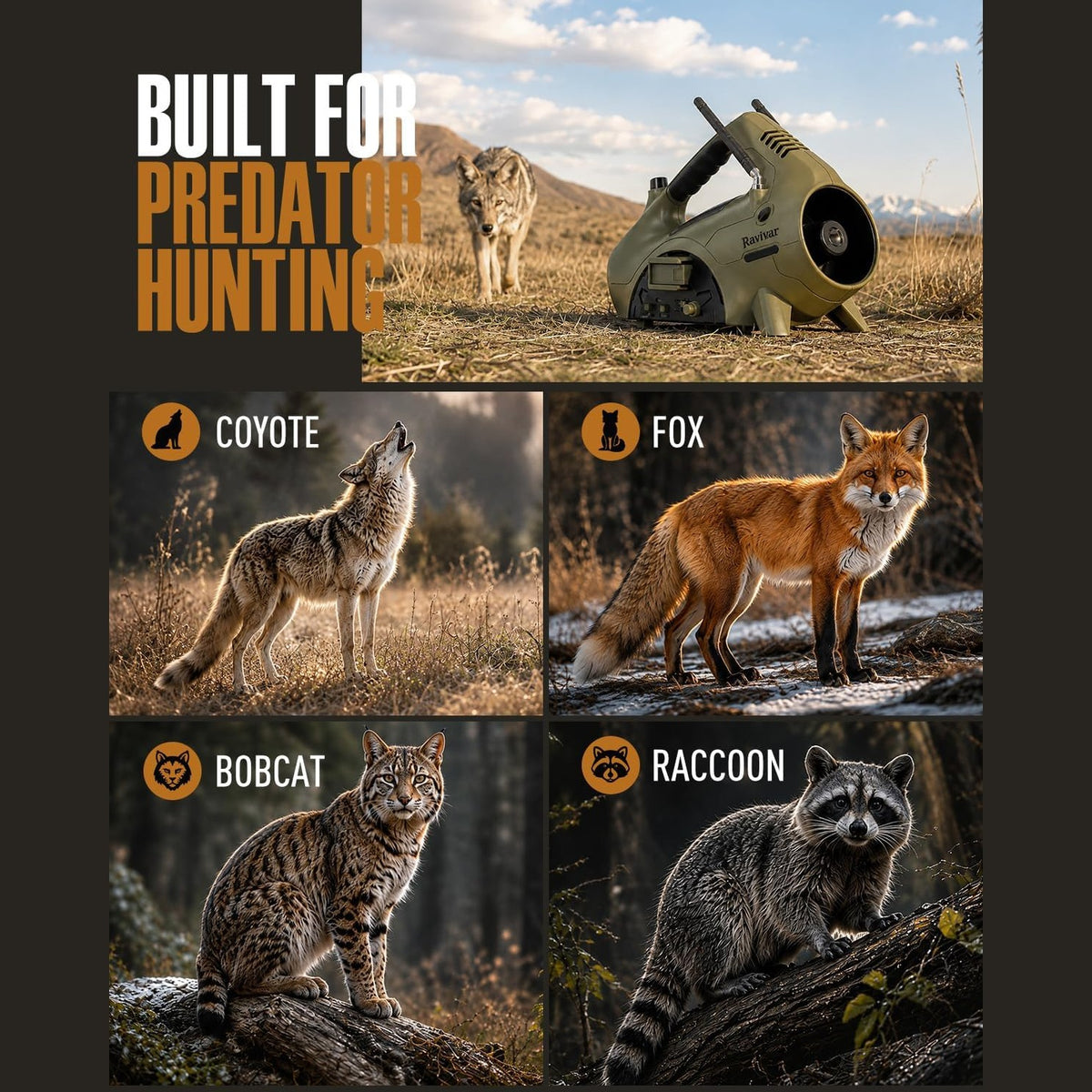 Electronic Predator Call, Coyote Call for Coyote, Fox, Bobcat, Raccoon Hunting - 400 Yard Remote Range, 30 Sounds, Bluetooth Compatible