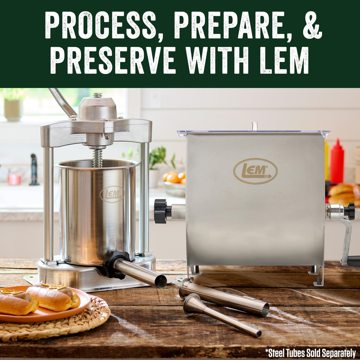 LEM Products MightyBite 5 lb Sausage Stuffer, Professional Design, Stainless Steel, Includes Clamps & Stuffing Tubes, Removable Cylinder, Air-Release Piston, Meat Stuffer Machine for Home Use