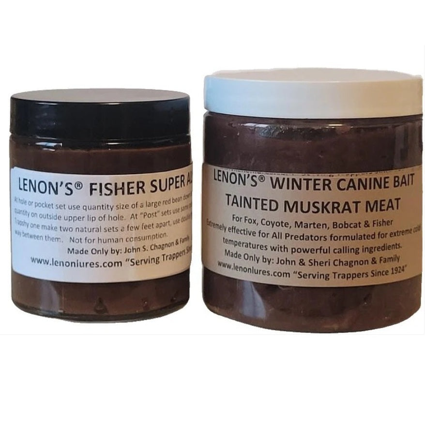 Lenon Lures Fisher Trappers Special 4 oz Jar Fisher Super All Call Lure & 8 oz Winter Canine Muskrat Meat Bait