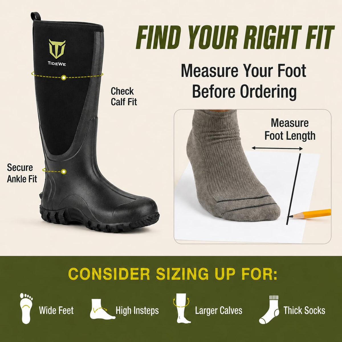TIDEWE Rubber Boots for Men, Waterproof Rain Boots with Steel Shank