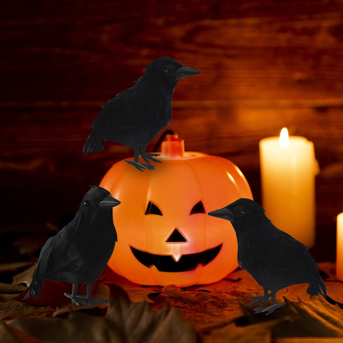 FUNPENY Halloween Black Feathered Crows, 3 Pack Black Crows with Real Feather Halloween Decoration for Indoor Outdoor