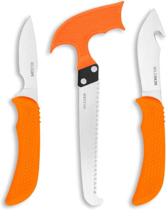 OUTDOOR EDGE WildGuide 4-Piece Hunting Knife Set & Field Dressing Kit | Featuring Razor-Sharp Caping Blade, Gut-Hook Skinning Knife, Bone Saw, in a Camo Nylon Belt Sheath | Butcher Knife Set for Deer