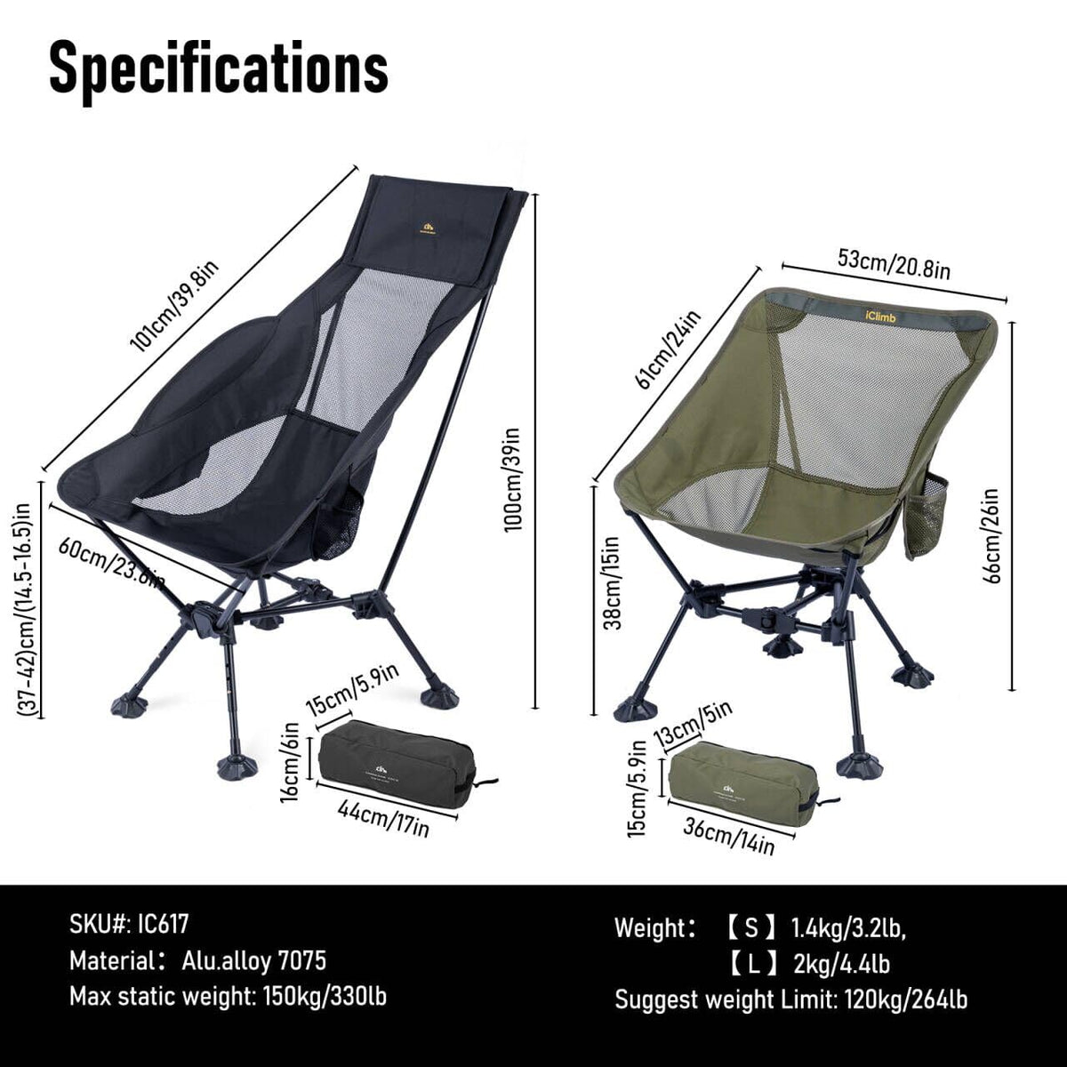 iClimb Ultralight Compact Folding Anti-Sinking Chair, Black