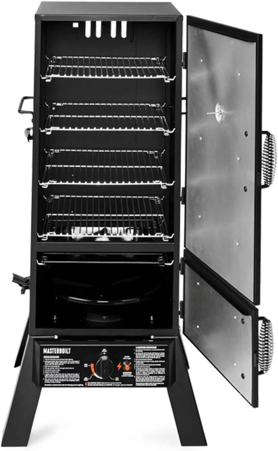 Masterbuilt 30-Inch Dual Fuel Propane & Charcoal Vertical Smoker with 730 Sq. In. Cooking Space, Push-Button Ignition, Temperature Gauge, 4 Smoking Racks, Black