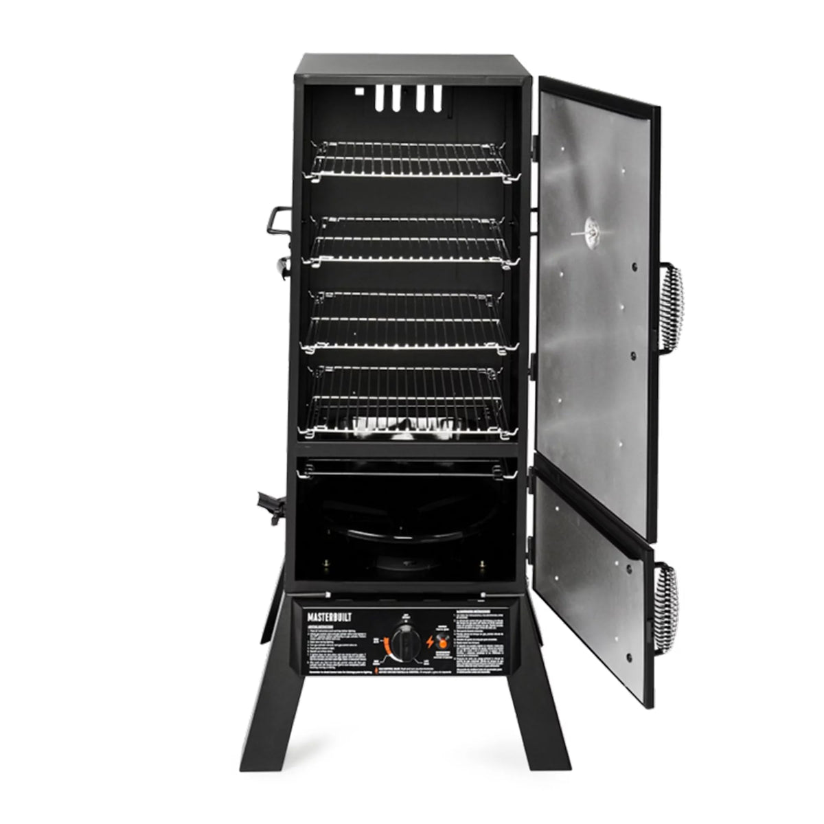 Masterbuilt 30-Inch Dual Fuel Propane & Charcoal Vertical Smoker with 730 Sq. In. Cooking Space, Push-Button Ignition, Temperature Gauge, 4 Smoking Racks, Black