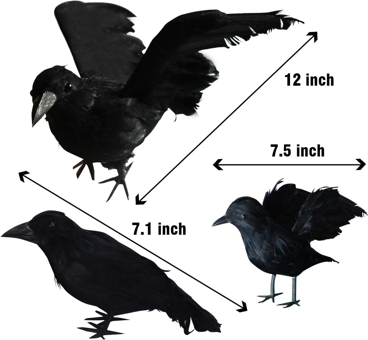 FUNPENY Halloween Black Feathered Crows, 3 Pack Black Crows with Real Feather Halloween Decoration for Indoor Outdoor