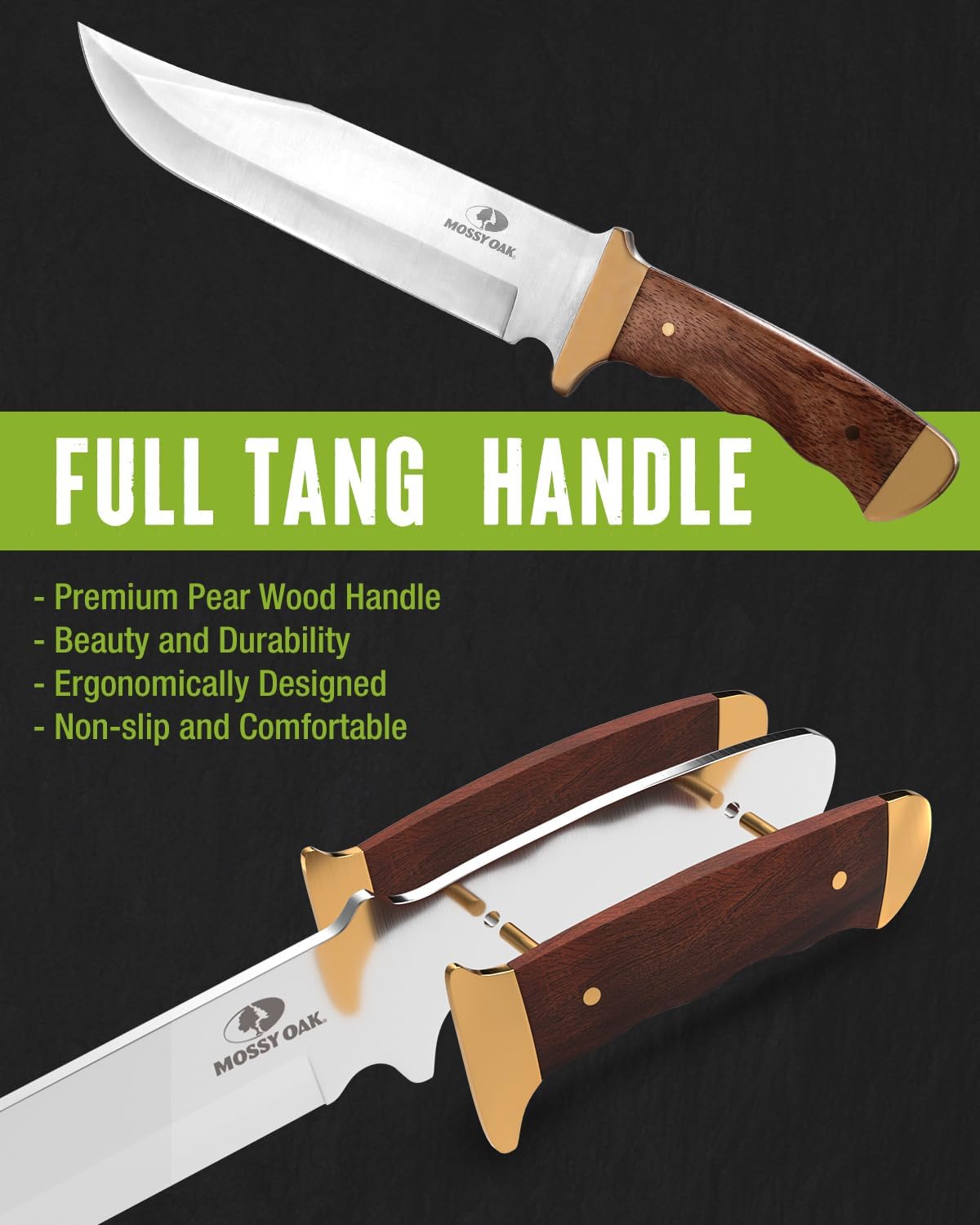 Mossy Oak 14-inch Bowie Knife, Hunting Knife with Wood Handle