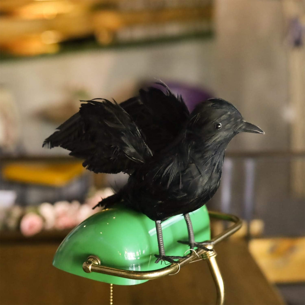 FUNPENY Halloween Black Feathered Crows, 3 Pack Black Crows with Real Feather Halloween Decoration for Indoor Outdoor