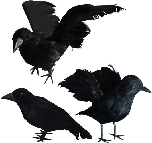 FUNPENY Halloween Black Feathered Crows, 3 Pack Black Crows with Real Feather Halloween Decoration for Indoor Outdoor