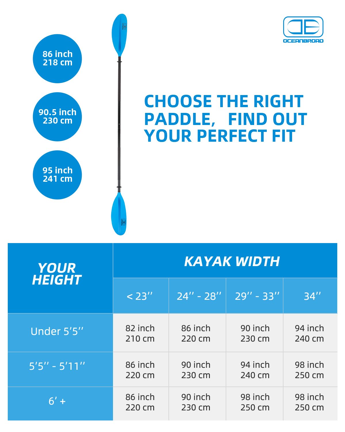 OCEANBROAD Kayak Paddle 86in/218cm, 90.5in/230cm, 95in/241cm Alloy Shaft Kayaking Boating Canoeing Oar with Paddle Leash