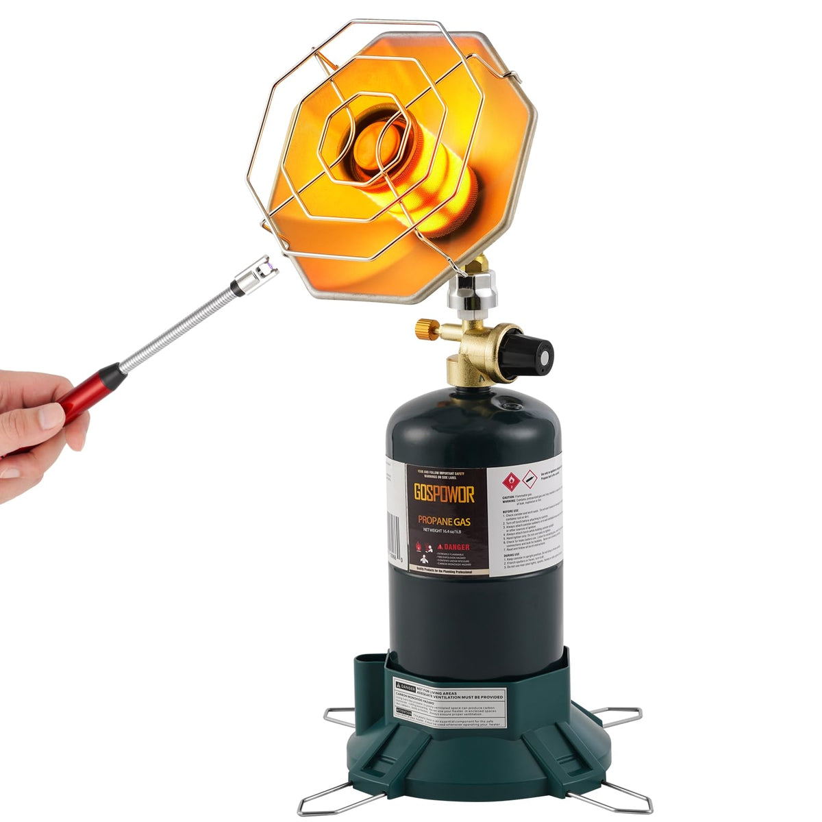 Portable Outdoor Heater with 8FT Hose, 9000 BTU Propane Heater Fuel by Butane/Propane, Self-Ignition, Tip-over&Low-Oxygen Safety Shutoff, Compact Camping&RV Heater for Tents, Hiking(Fuel not included)