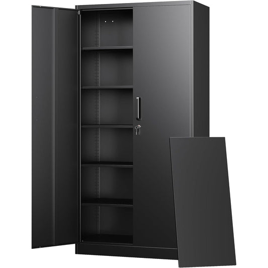 Metal Storage Cabinets with Lock Doors,Tall Locker Organizer Steel Garage Cabinets, 5 Adjustable Layers Shelves for Home, Office, Warehouse,Tool,Industrial(Black)