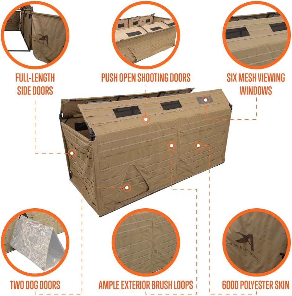 ALPS OutdoorZ Alpha Waterfowl Blind - Durable Hunting Blind, with Push Open Shooting Doors, Full-Length Side Access, Removable Gun Rests, Mesh Pockets, and Dog Doors