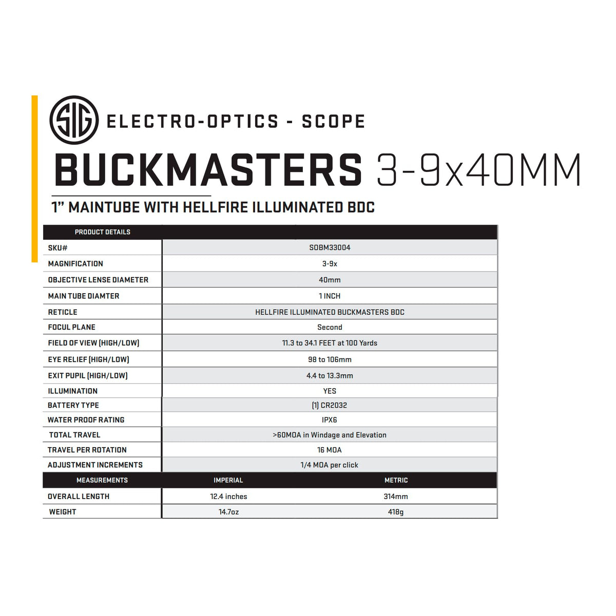 SIG SAUER Buckmasters 3-9x40mm 1" Tube Riflescope
