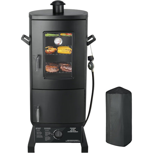 Propane Smoker with Cover, Vertical Meat Gas Smoker Grill Outdoor Heavy Duty 3 Removable Smoking Racks, Black