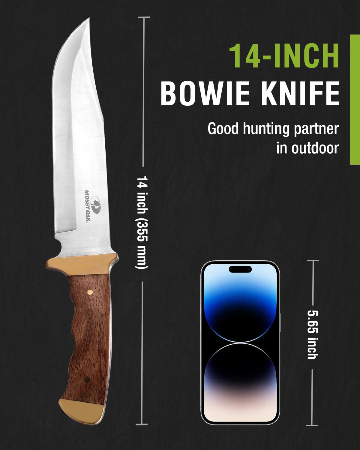 Mossy Oak 14-inch Bowie Knife, Hunting Knife with Wood Handle