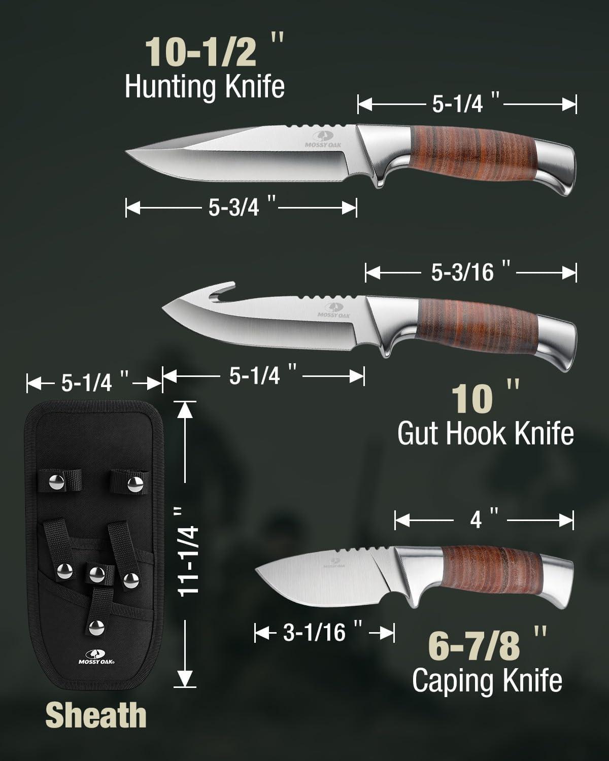 Mossy Oak Field Dressing Kit, 3PC Hunting Knife Set with Sheath
