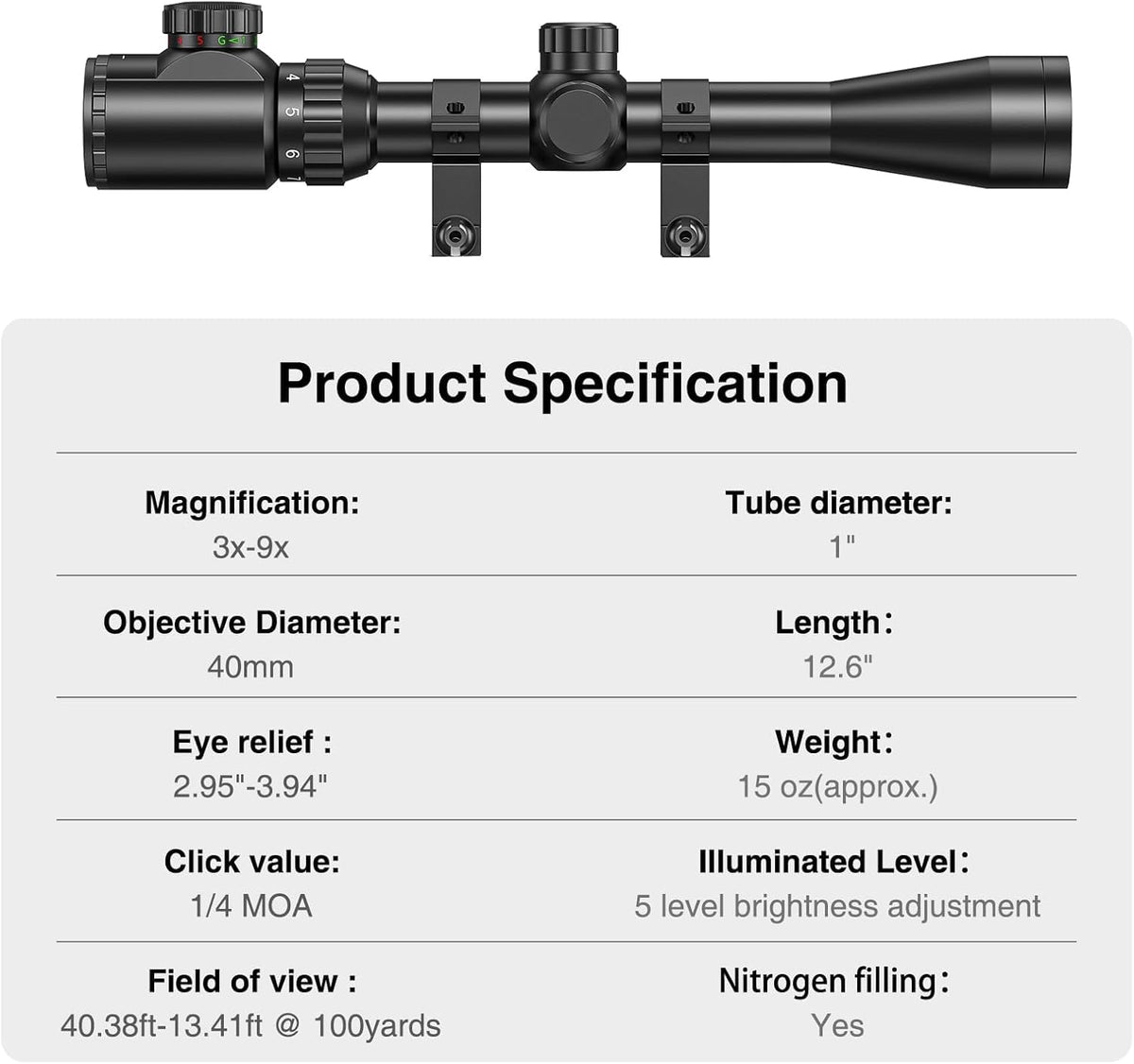 CVLIFE 3-9x40 Rifle Scope, Red & Green Illuminated Optical Riflescope, 1 inch Tube Scope for Hunting with Mounts