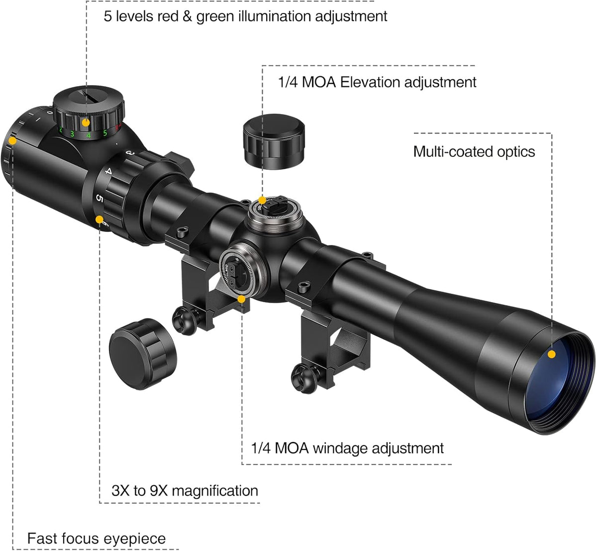 CVLIFE 3-9x40 Rifle Scope, Red & Green Illuminated Optical Riflescope, 1 inch Tube Scope for Hunting with Mounts