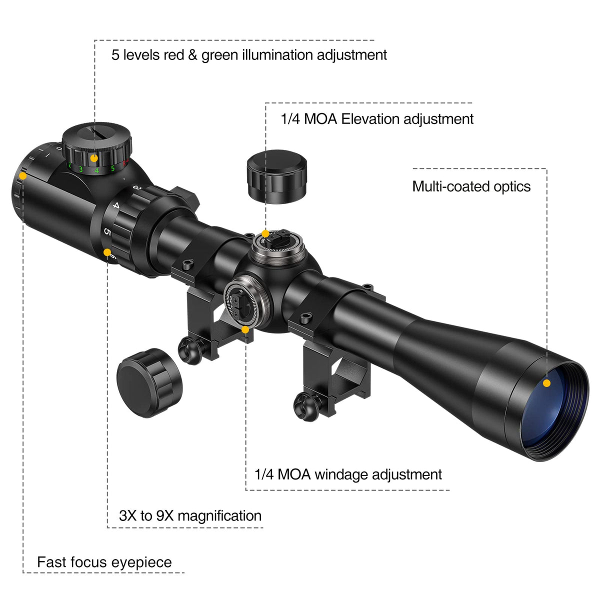 CVLIFE 3-9x40 Rifle Scope, Red & Green Illuminated Optical Riflescope, 1 inch Tube Scope for Hunting with Mounts