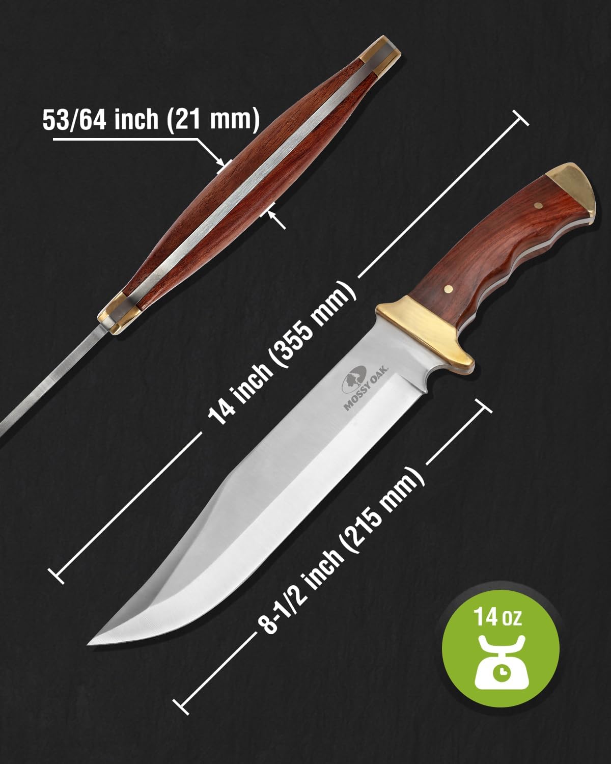 Mossy Oak 14-inch Bowie Knife, Hunting Knife with Wood Handle