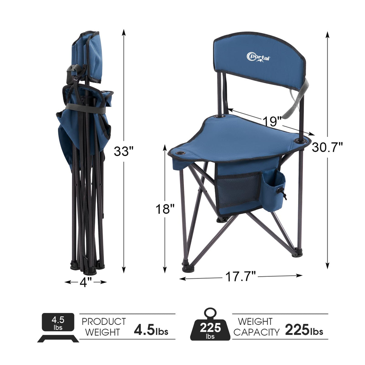 Portal Extra Large Quick Folding Tripod Stool with Backrest Fishing Camping Chair with Carry Strap
