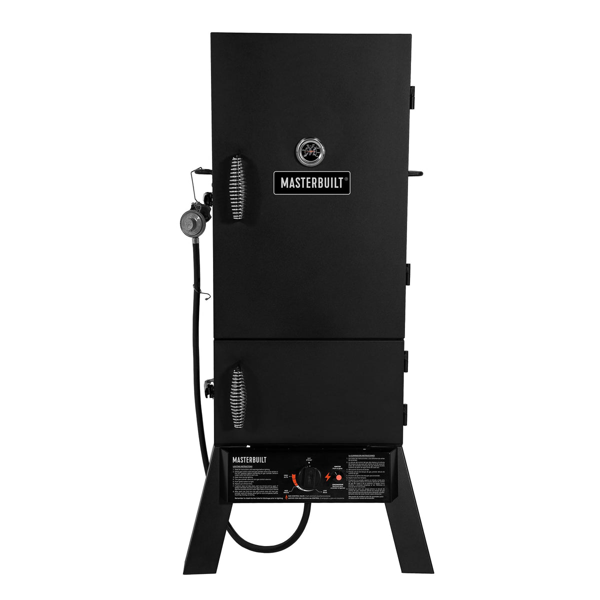 Masterbuilt 30-Inch Dual Fuel Propane & Charcoal Vertical Smoker with 730 Sq. In. Cooking Space, Push-Button Ignition, Temperature Gauge, 4 Smoking Racks, Black
