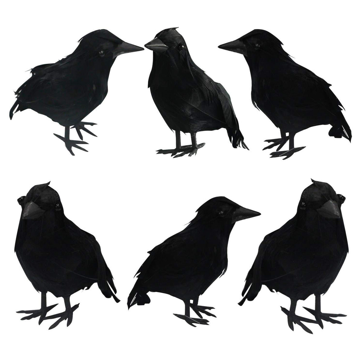 FUNPENY Halloween Black Feathered Crows, 3 Pack Black Crows with Real Feather Halloween Decoration for Indoor Outdoor