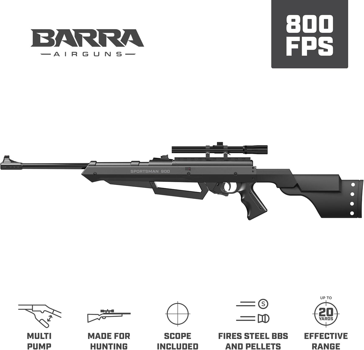 Barra Air Guns Sportsman 900 BB Gun Rifle for Adults, Pellet Rifles for Hunting, 177 Caliber Airgun with Rifle Scope - Shoot Pellets & BBS, 800 FPS