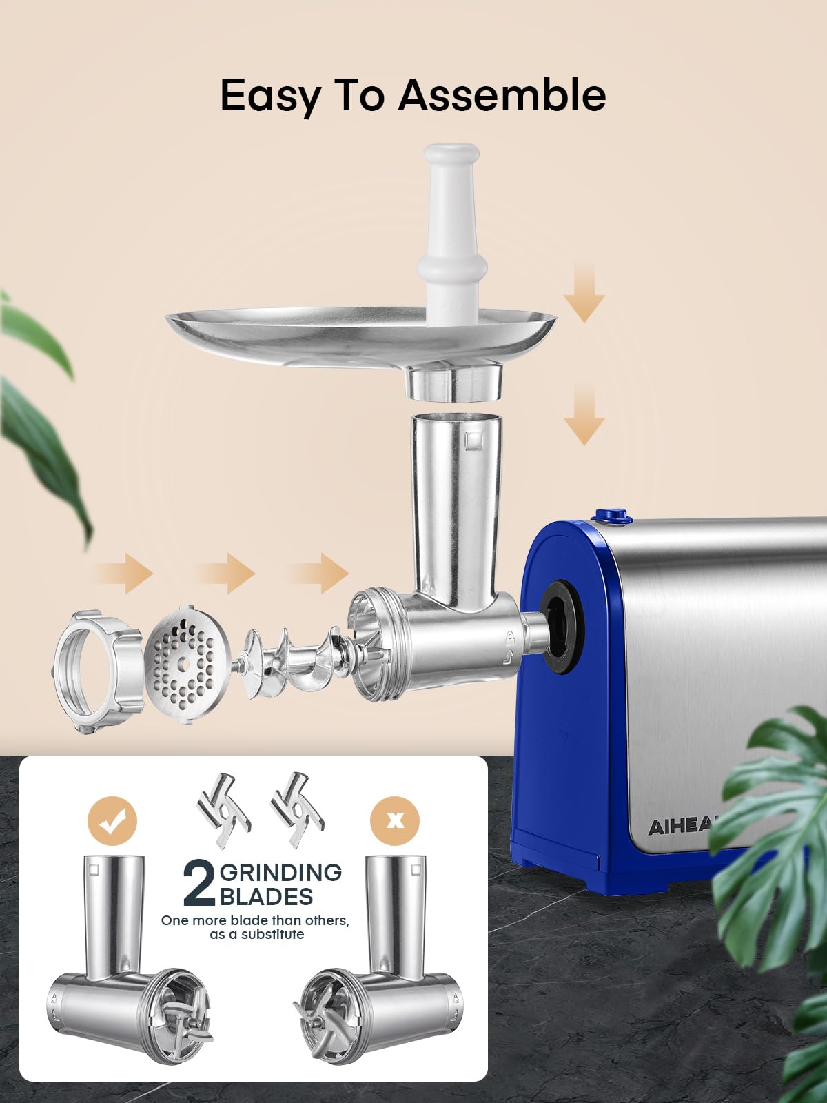 Electric Meat Grinder, Sausage Stuffer with 3 Sausage Tubes, 2 Blades, 3 Plates, 3200W Max, Meat Grinder Heavy Duty for Home Kitchen Use, Stainless Steel (Black)