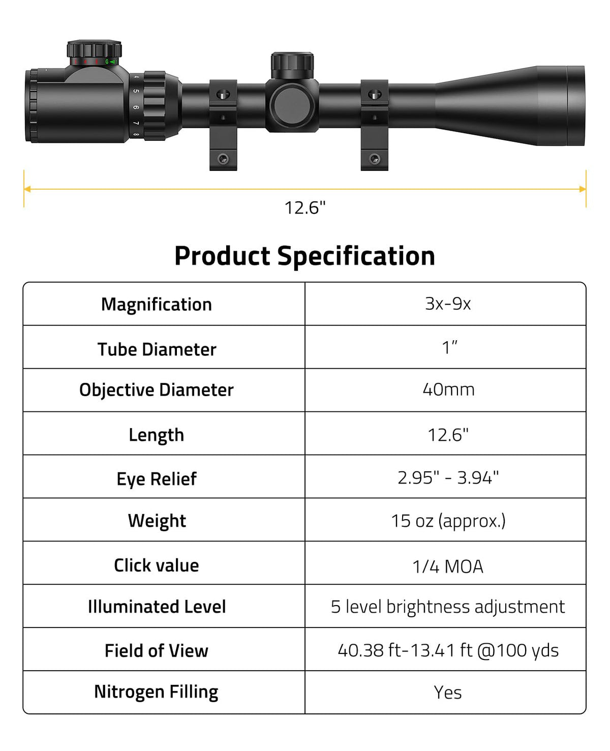 CVLIFE 3-9x40 Rifle Scope, Red & Green Illuminated Optical Riflescope, 1 inch Tube Scope for Hunting with Mounts