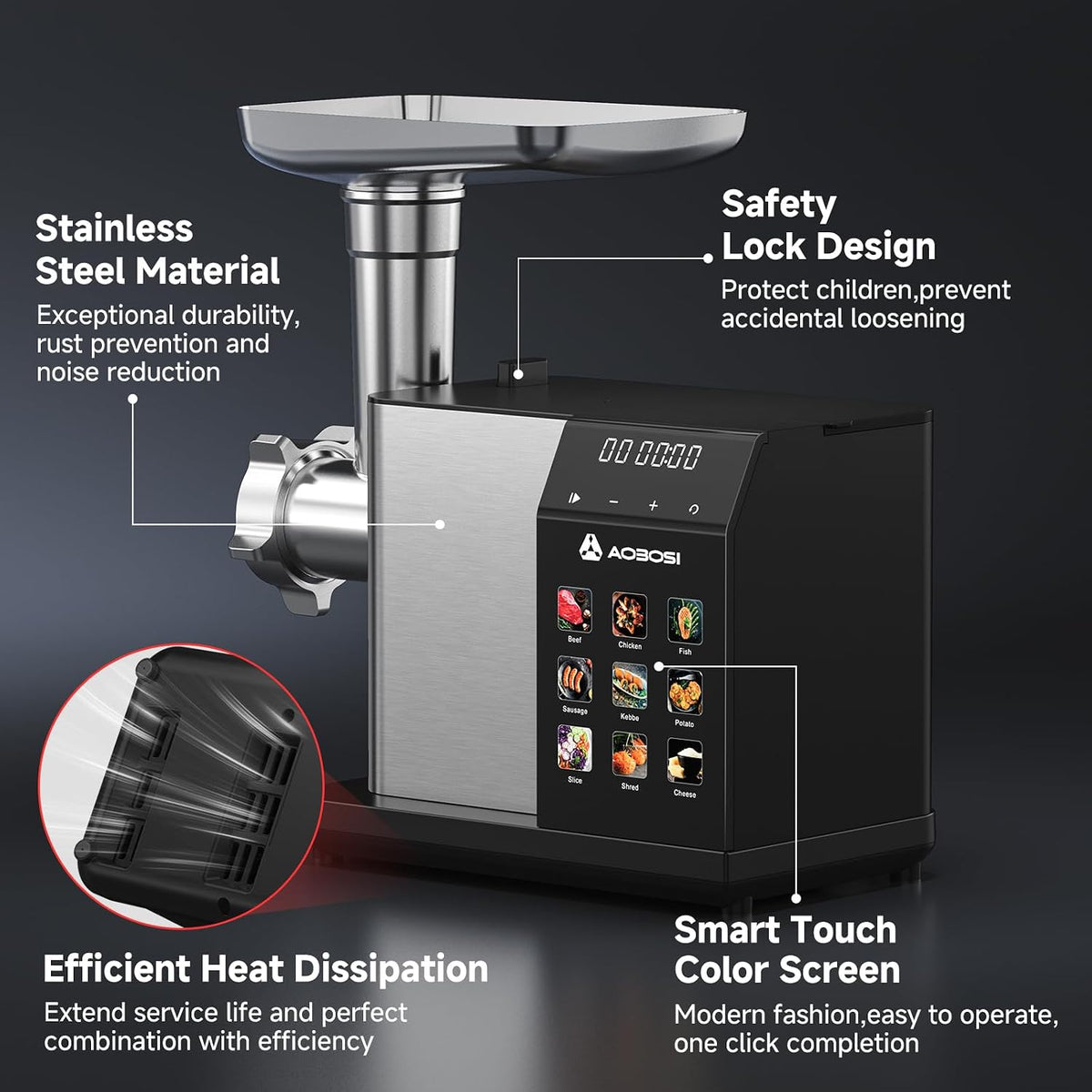 AAOBOSI Multifunctional Digital Meat Grinder Electric 3000W Max