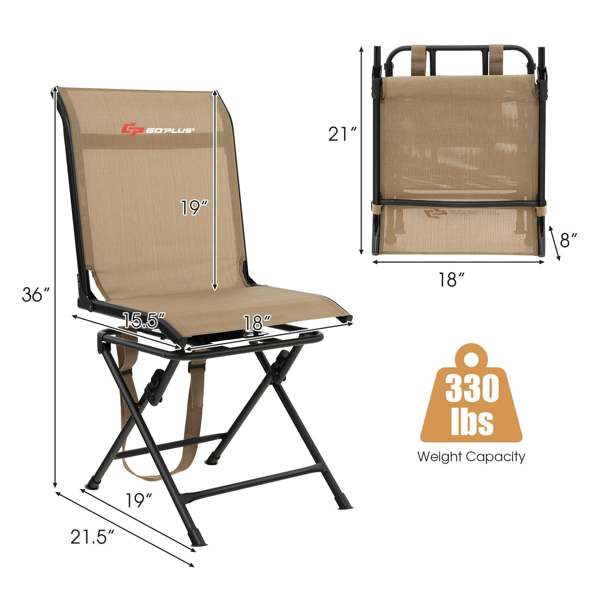 Goplus Hunting Chair, 360° Swivel Folding Hunting Blind Chair with Carrying Strap, 330LBS Capacity, Portable Deer Hunting Stool, Silent Ground Dove Hunting Chair, No Assembly