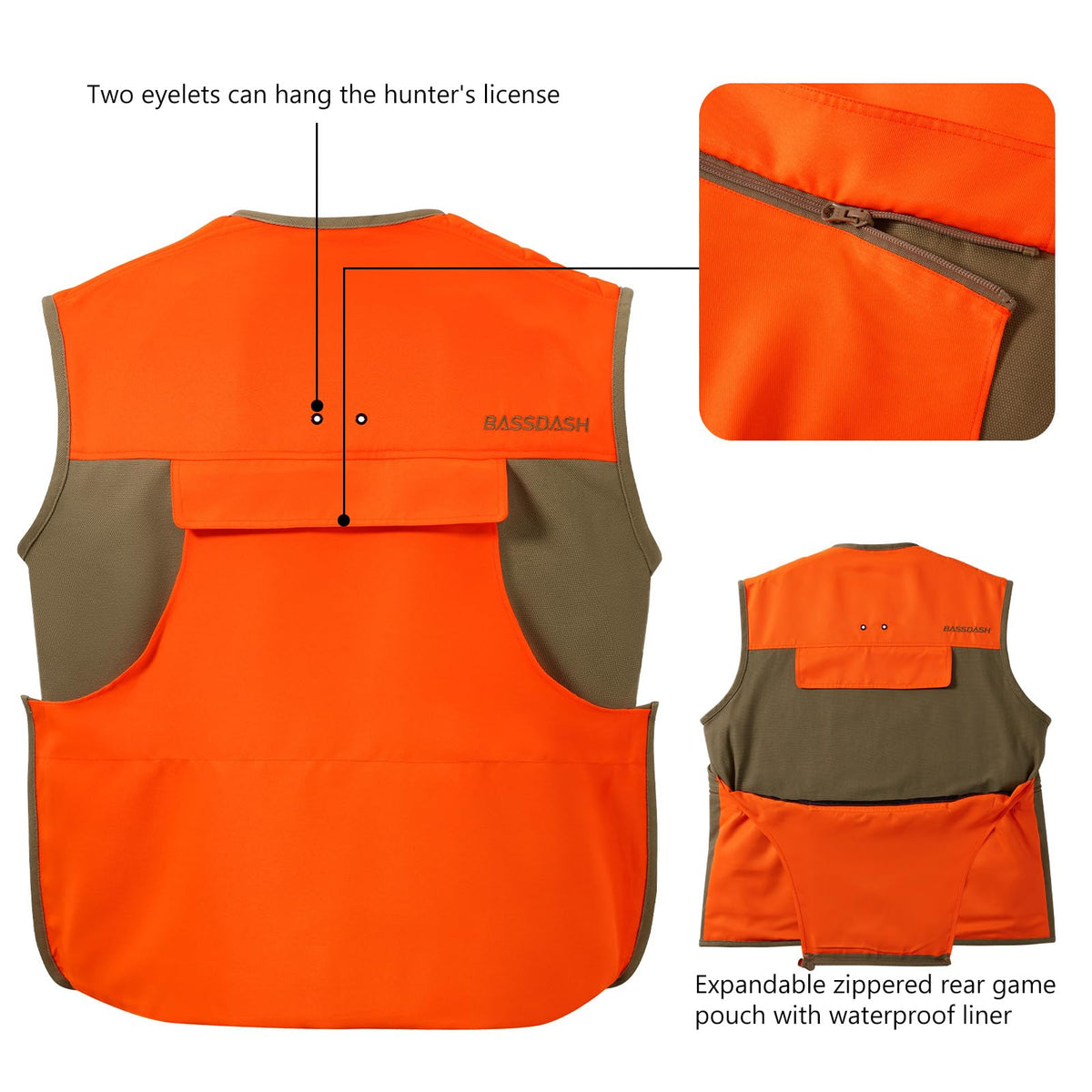 BASSDASH Upland Game Field Water-Resistant Bird Hunting Vest with Multi Pockets Men Women FV11