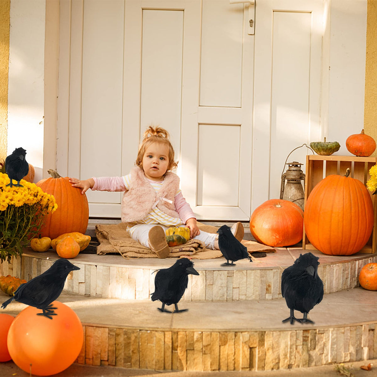 FUNPENY Halloween Black Feathered Crows, 3 Pack Black Crows with Real Feather Halloween Decoration for Indoor Outdoor