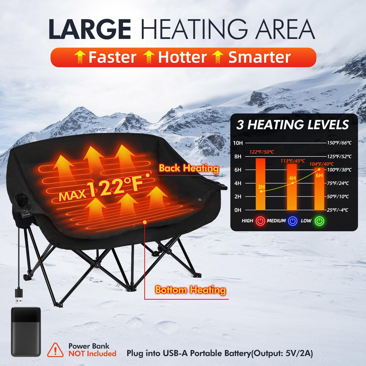 Heated Oversized Camping Chair - Heavy Duty Padded Comfy Warm Outdoor Chair