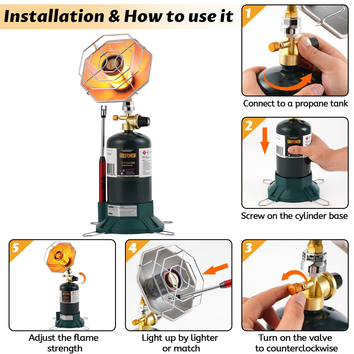 Portable Outdoor Heater with 8FT Hose, 9000 BTU Propane Heater Fuel by Butane/Propane, Self-Ignition, Tip-over&Low-Oxygen Safety Shutoff, Compact Camping&RV Heater for Tents, Hiking(Fuel not included)