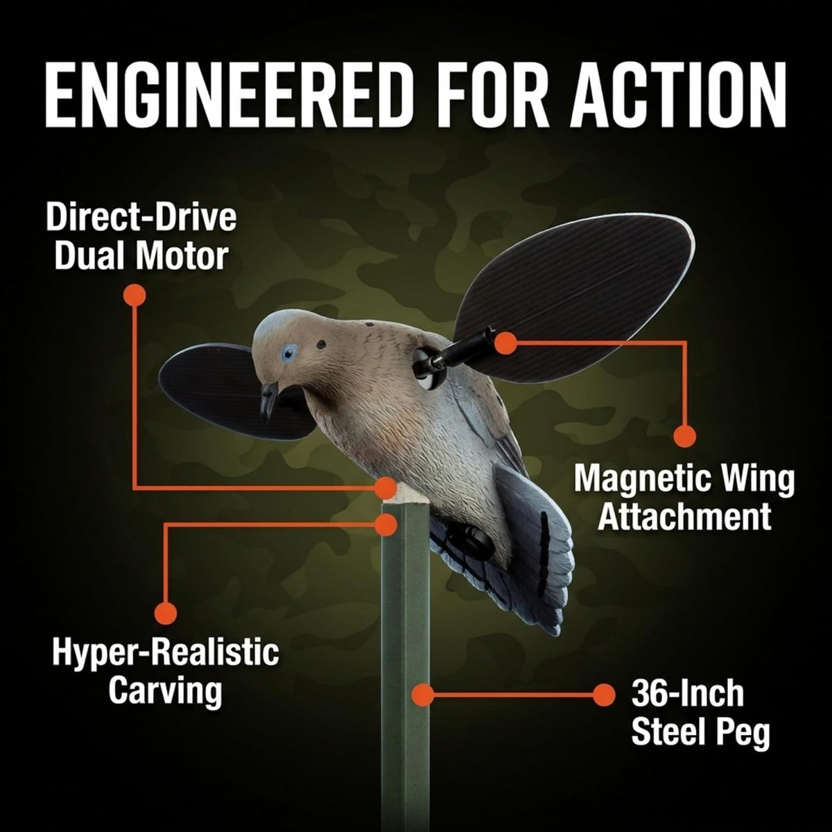 MOJO Outdoors Voodoo Dove Spinning Wing Decoy – Motorized Dove Decoy with Lifelike Body, Magnetic Wings, Steel Support Pole & 16-Hour Battery Life