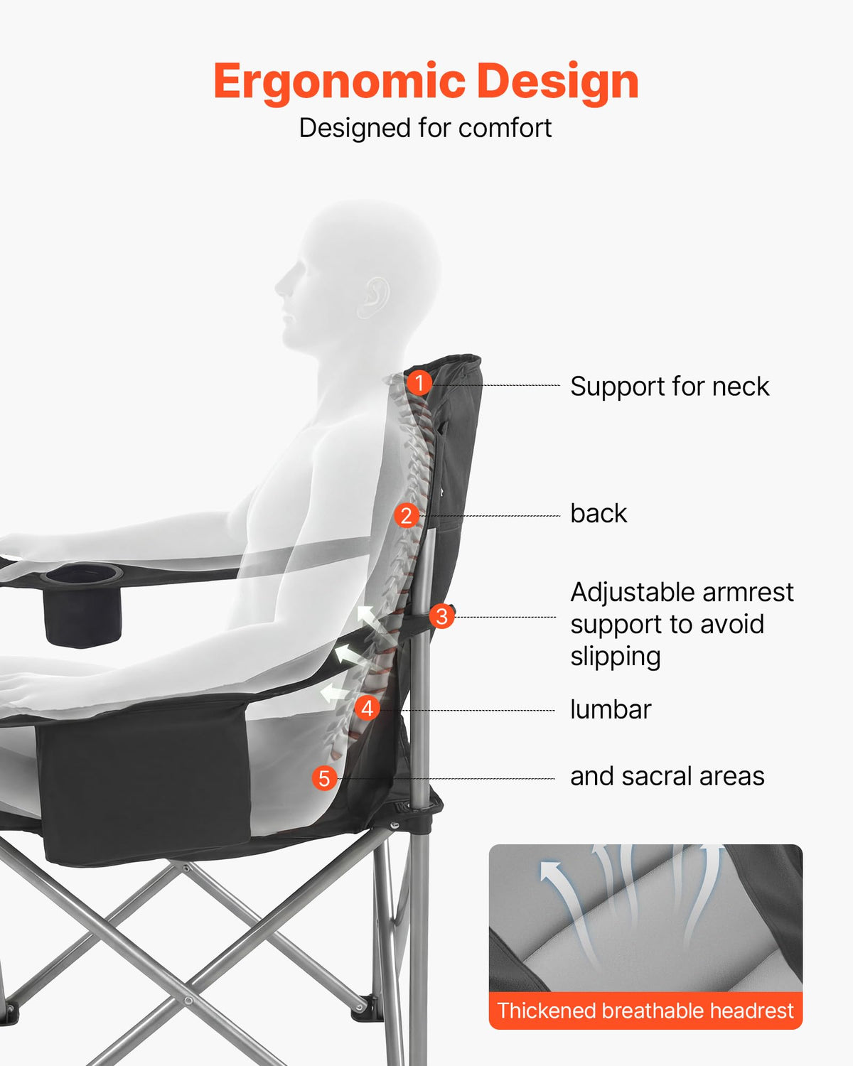 VEVOR Oversized Camping Folding Chair, Portable Heavy Duty Outdoor Quad Lumbar Back Padded with Side Pockets, Cup Holder and Cooler Bag for Beach, Lawn, Picnic, Fishing, Backpacking, Black
