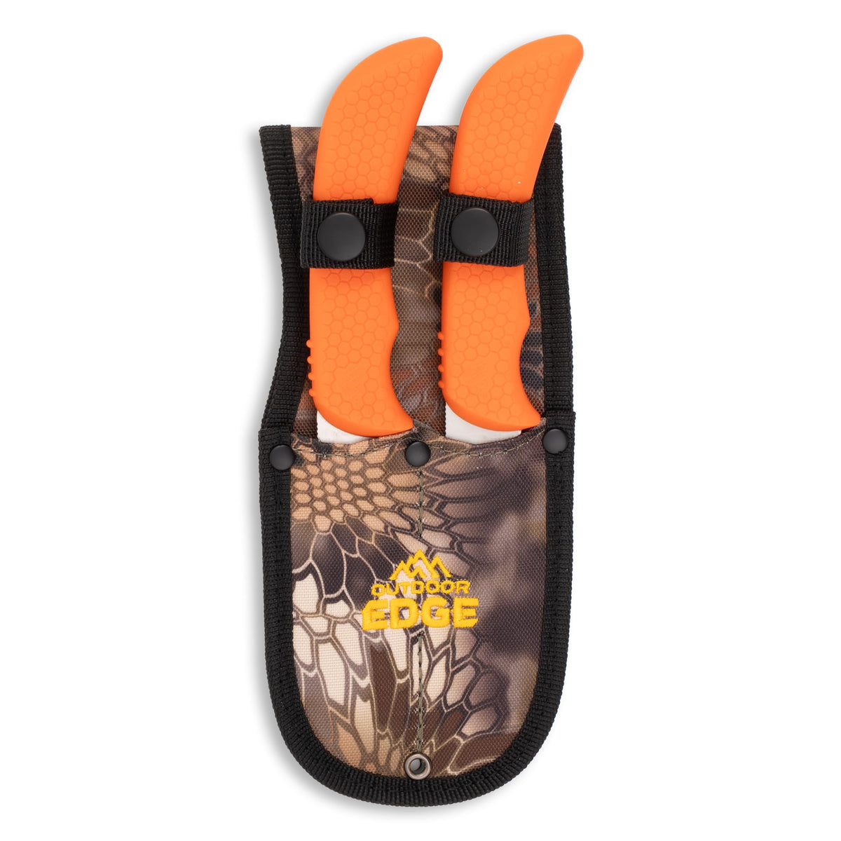 OUTDOOR EDGE WildGuide 4-Piece Hunting Knife Set & Field Dressing Kit | Featuring Razor-Sharp Caping Blade, Gut-Hook Skinning Knife, Bone Saw, in a Camo Nylon Belt Sheath | Butcher Knife Set for Deer