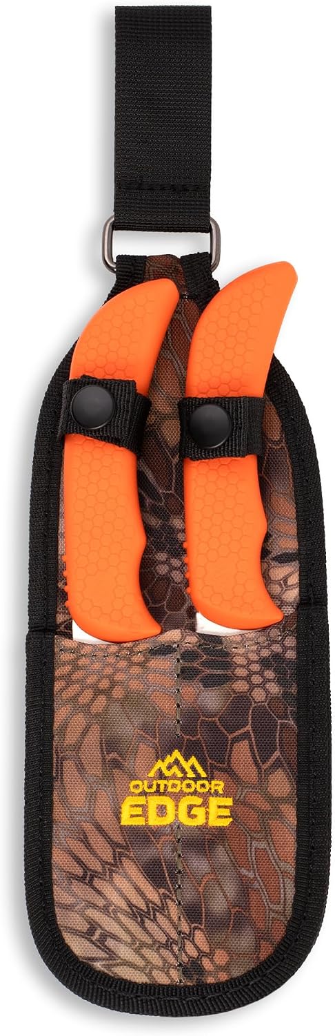 OUTDOOR EDGE WildGuide 4-Piece Hunting Knife Set & Field Dressing Kit | Featuring Razor-Sharp Caping Blade, Gut-Hook Skinning Knife, Bone Saw, in a Camo Nylon Belt Sheath | Butcher Knife Set for Deer