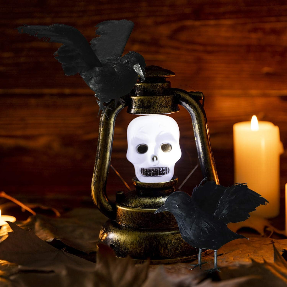 FUNPENY Halloween Black Feathered Crows, 3 Pack Black Crows with Real Feather Halloween Decoration for Indoor Outdoor