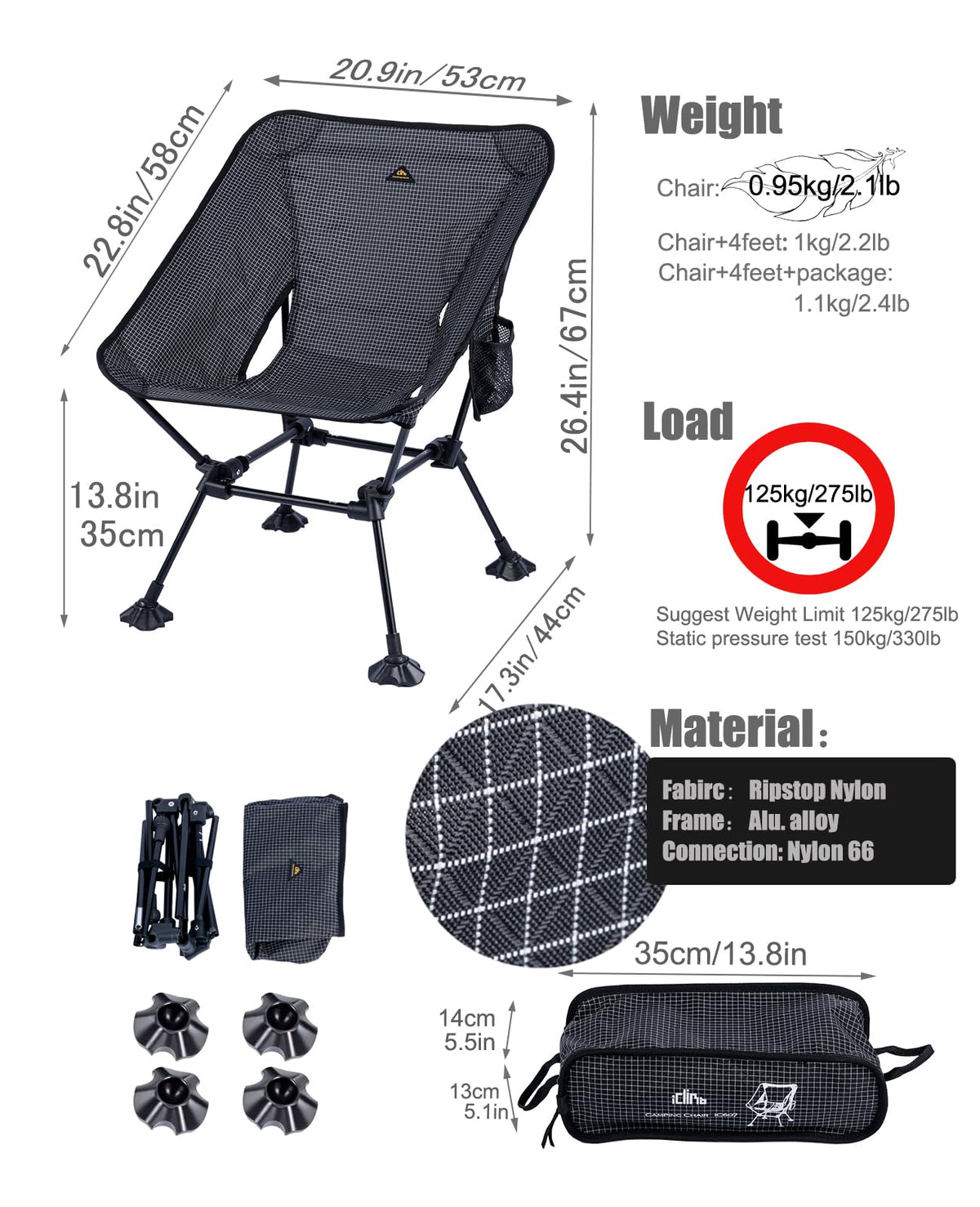 iClimb Ultralight Compact Folding Anti-Sinking Chair, Black