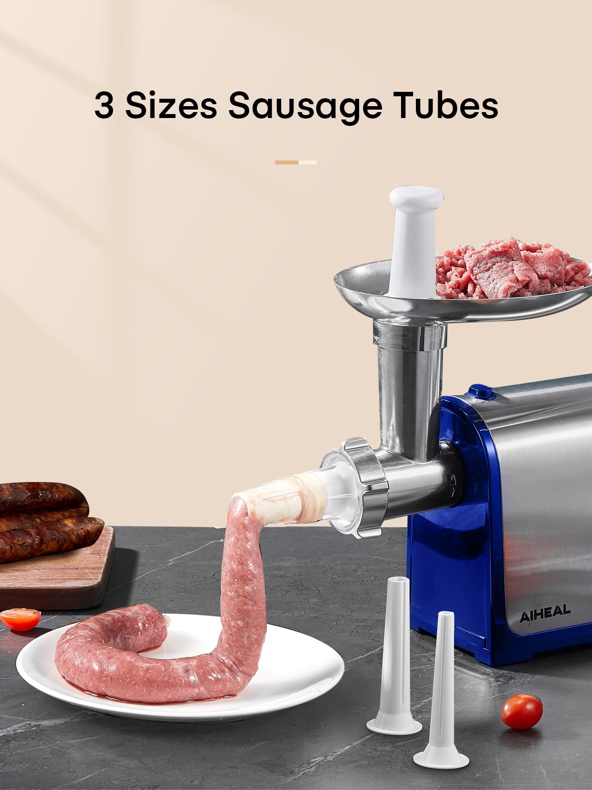 Electric Meat Grinder, Sausage Stuffer with 3 Sausage Tubes, 2 Blades, 3 Plates, 3200W Max, Meat Grinder Heavy Duty for Home Kitchen Use, Stainless Steel (Black)