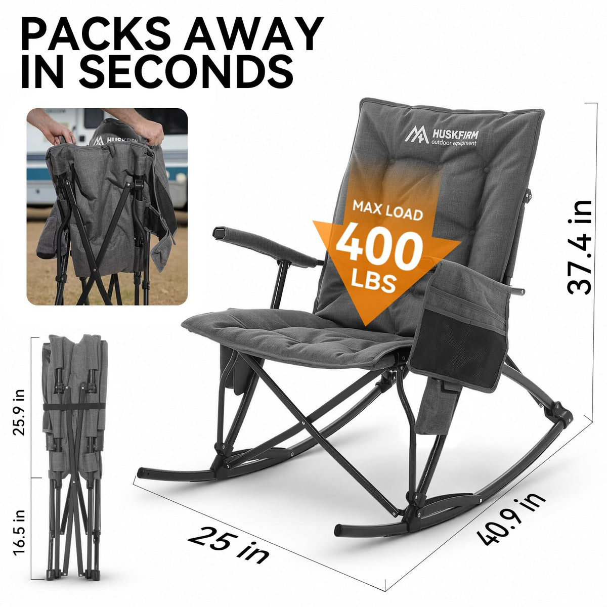 Oversized Folding Rocking Camping Chair, Heavy Duty Rocker Chair, Black